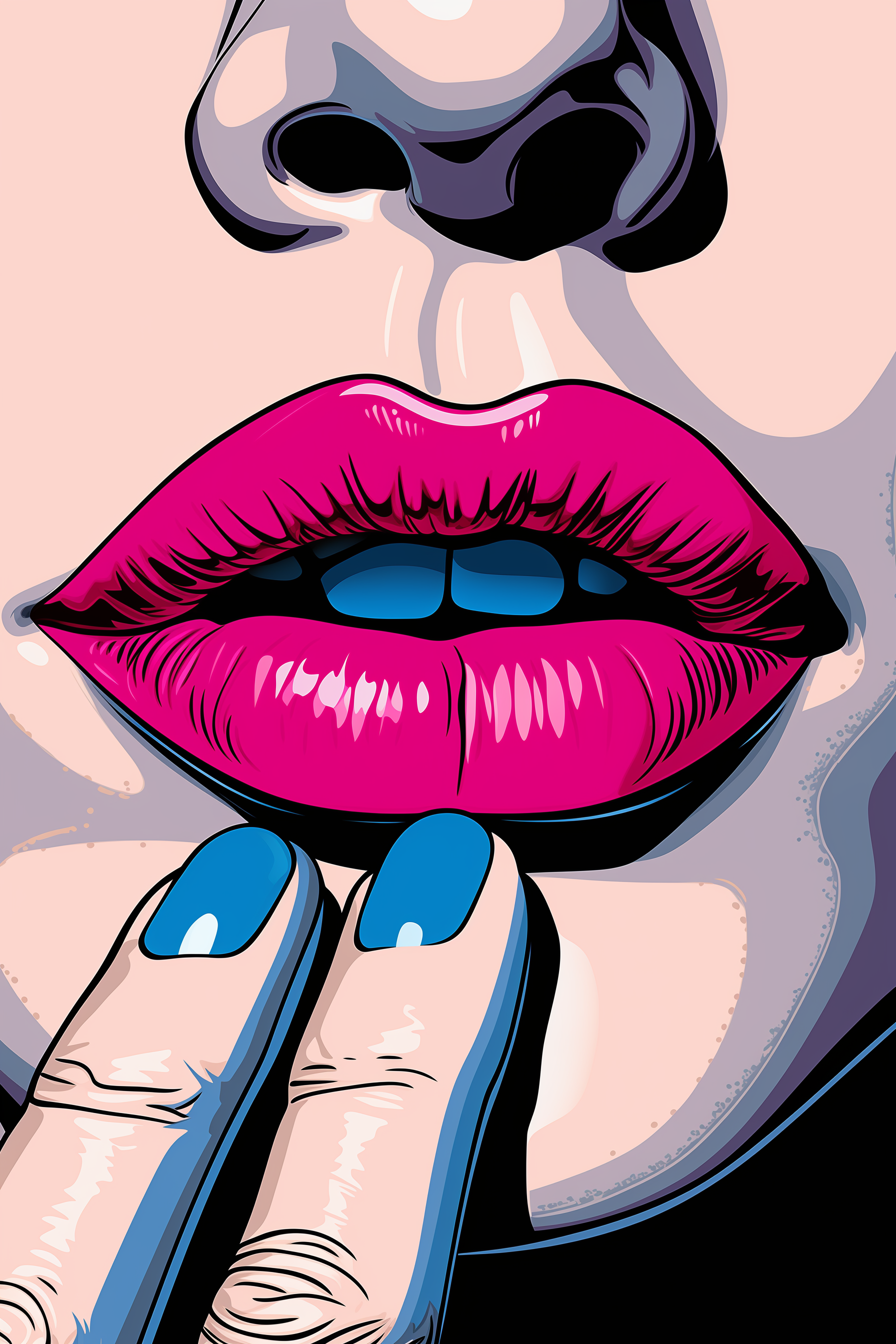 Midjourney prompt: Close-up of a woman's hand holding and kissing pink lips, in the style of Moebiu...