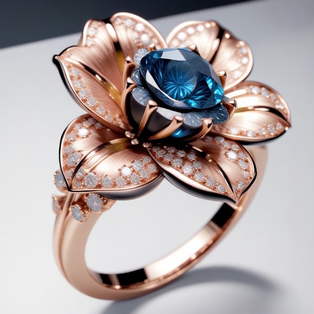 Stable Diffusion prompt: Jewelry design, a ring with bright rose-cut blue diamonds, surrounded by small l...