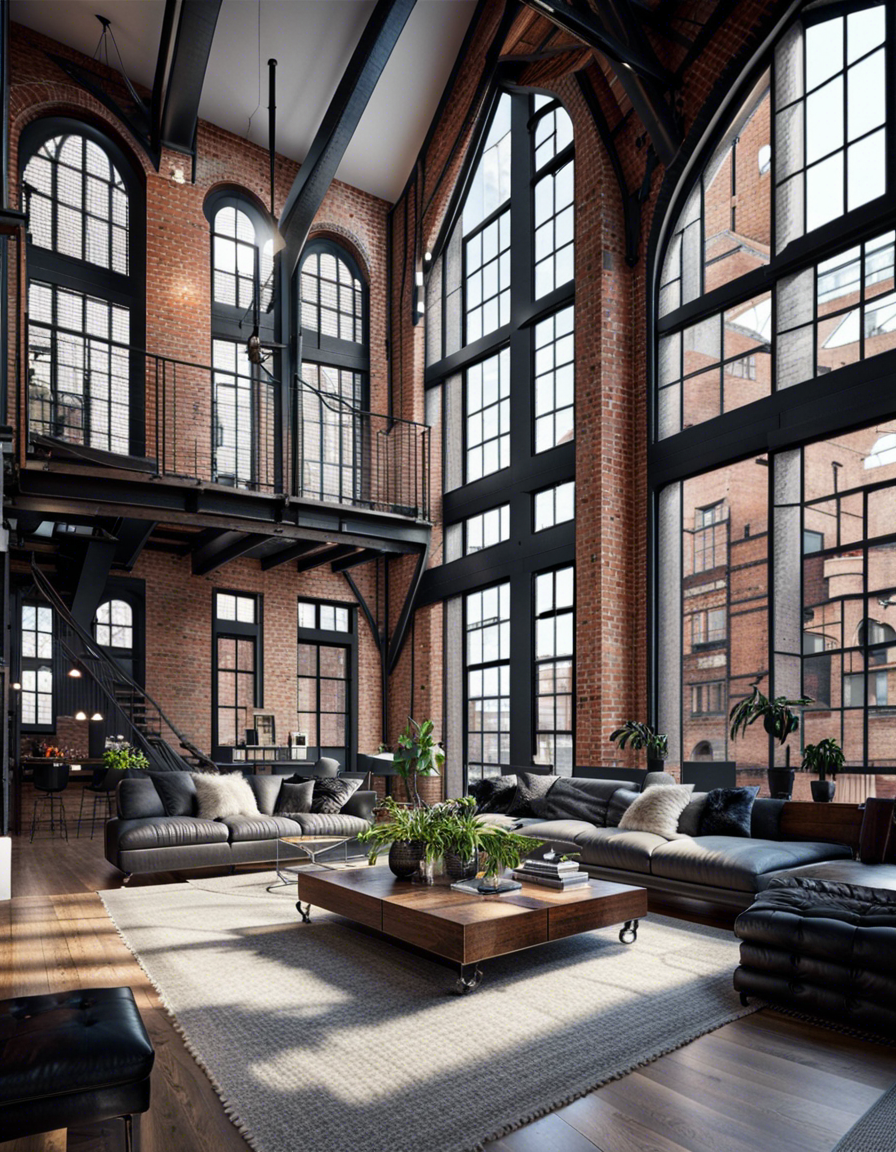 Stable Diffusion prompt: large living room, empty, loft style, high vaulted ceilings, exposed brick, drea...