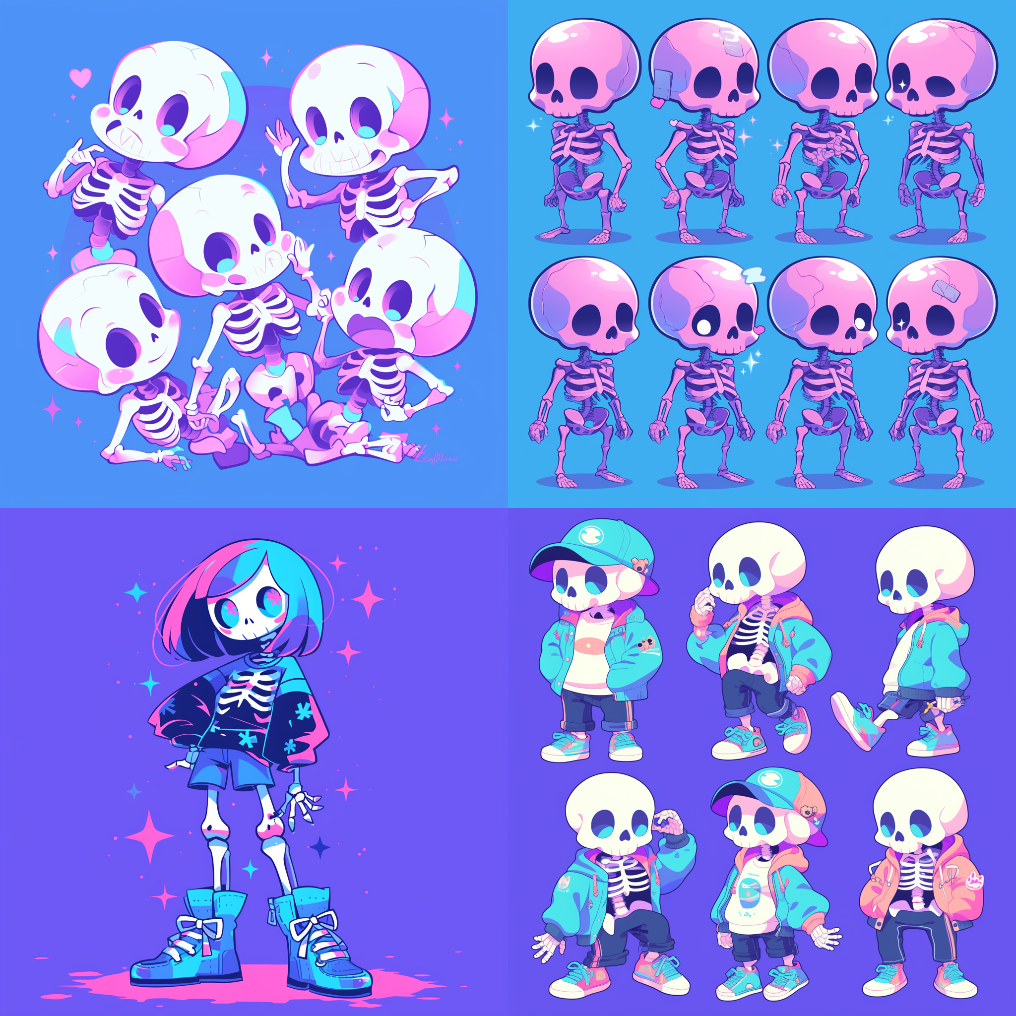 Midjourney prompt: A cute cartoon human full body skeletons, all set against an electric blue purpl...