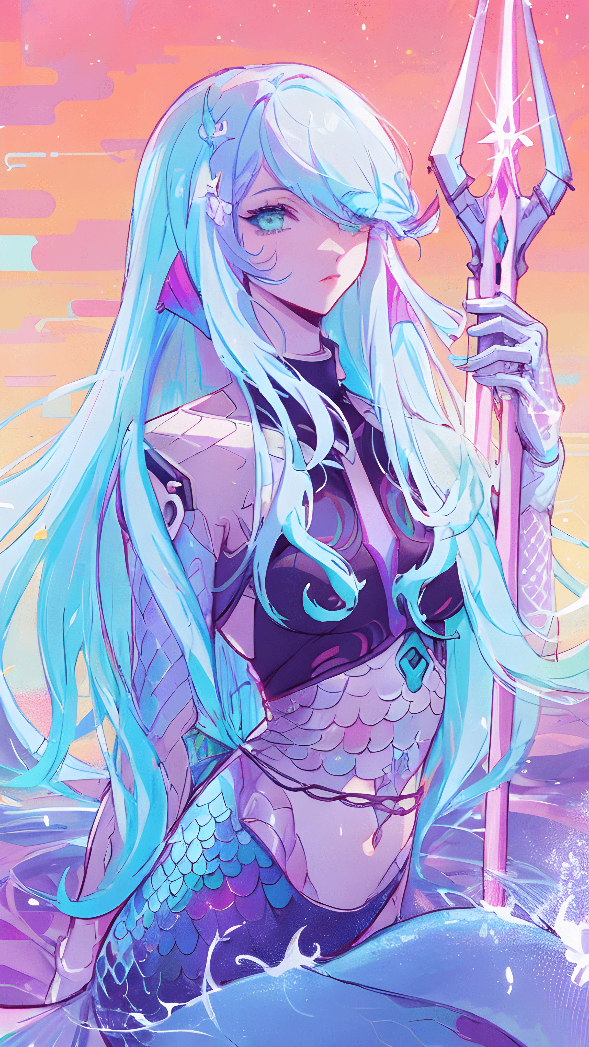 DreamShaper prompt: a drawing of a mermaid holding a spear, cyberpunk art, inspired by loish, psyche...