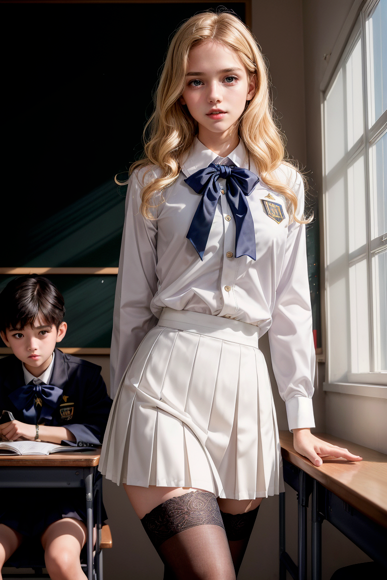 DreamShaper prompt: A panoramic view of a classroom, gorgeous teacher with class of young boys, whit...