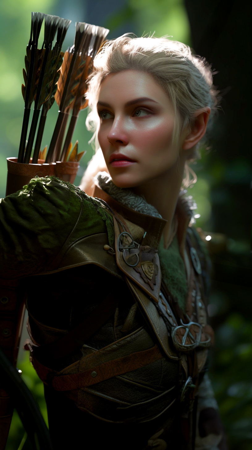 Midjourney prompt: Ultra-detailed beautiful elf female archer in the woods, RPG, dungeons & dragons...