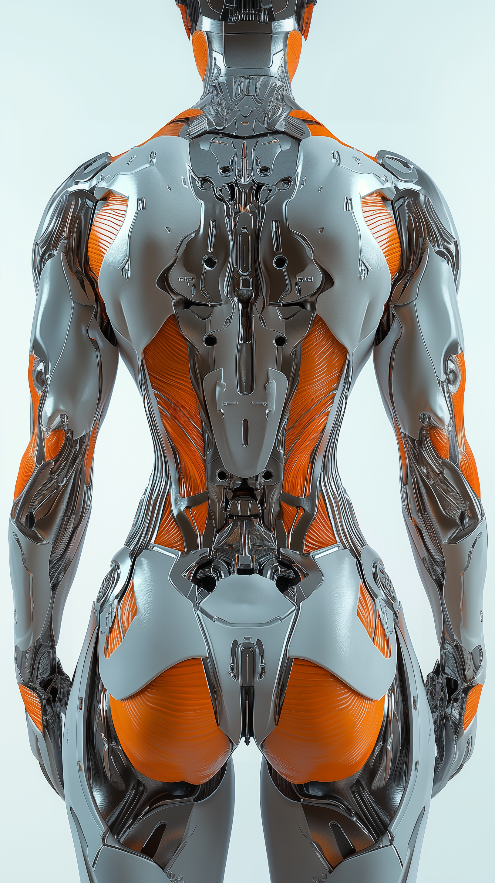 Midjourney prompt: close-up rear view, body, perfect composition, model with advanced cybernetic en...
