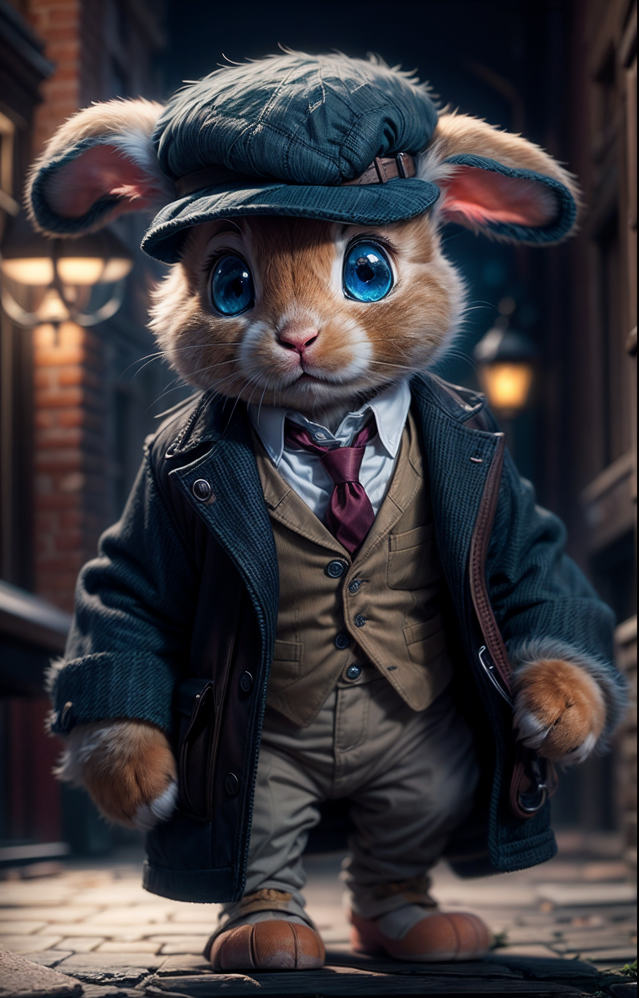 ReV Animated prompt: cut little fluffy Bunny cub dressed up as sherlock holmes, blue eyes, investigat...