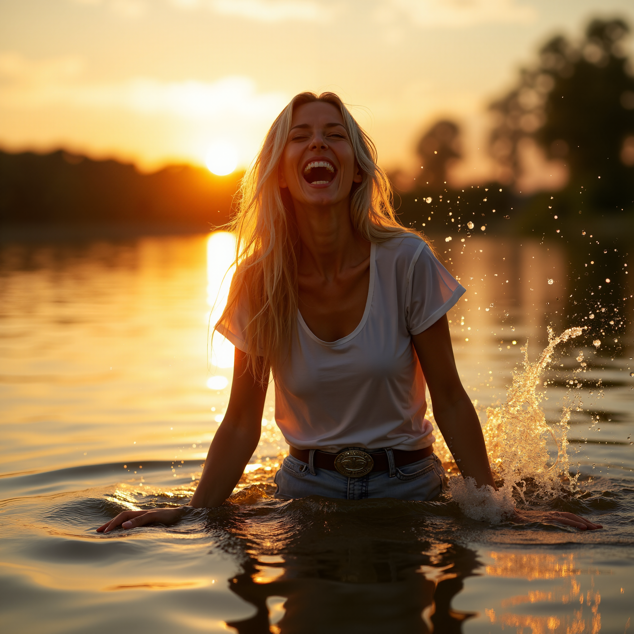 FLUX prompt: photo of 40yo woman with long blonde gray hair in a lake splashing water, sunset...
