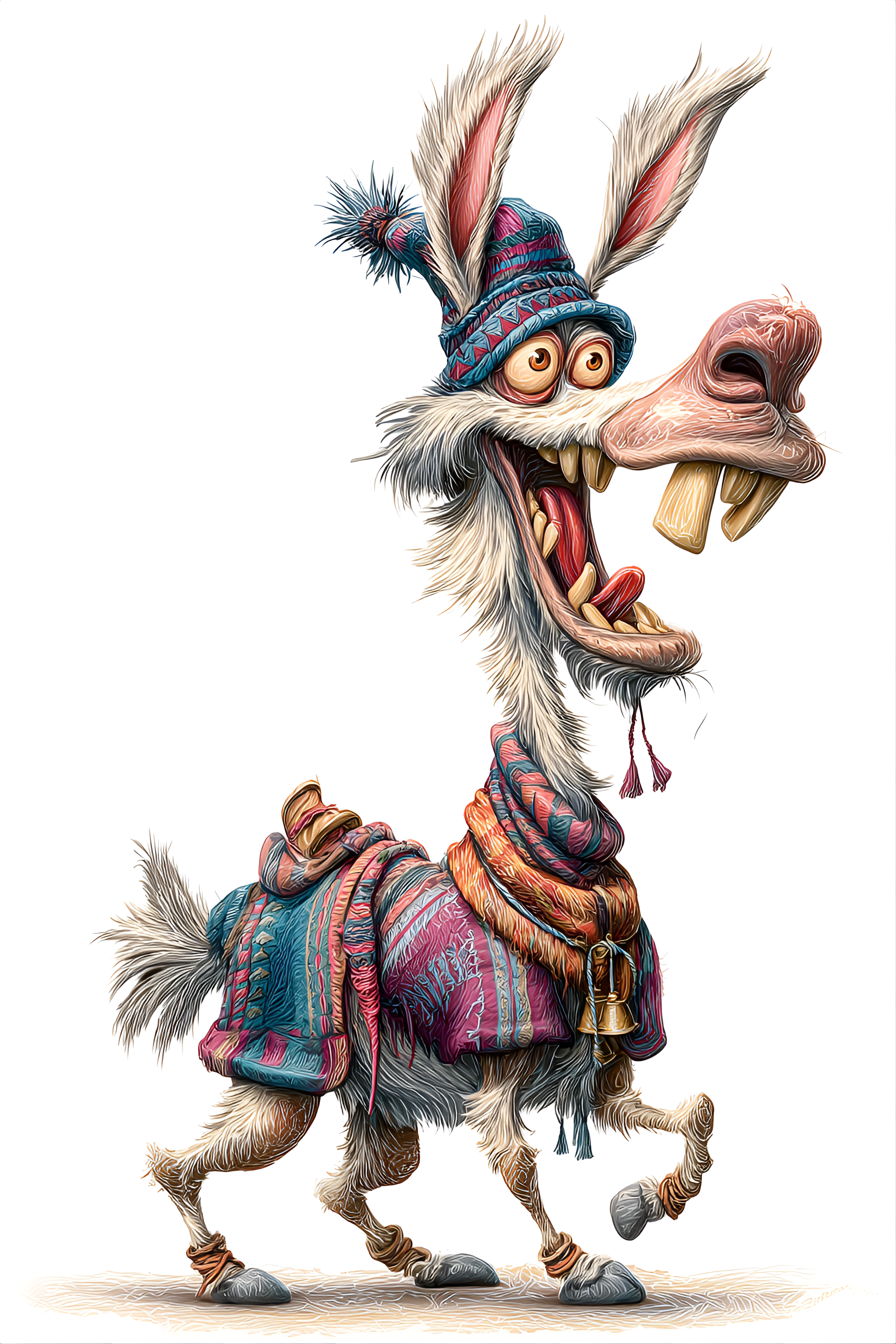 Midjourney prompt: funny caricature, silly llama character, peruvian ethnicity, 5 years old, aloof,...