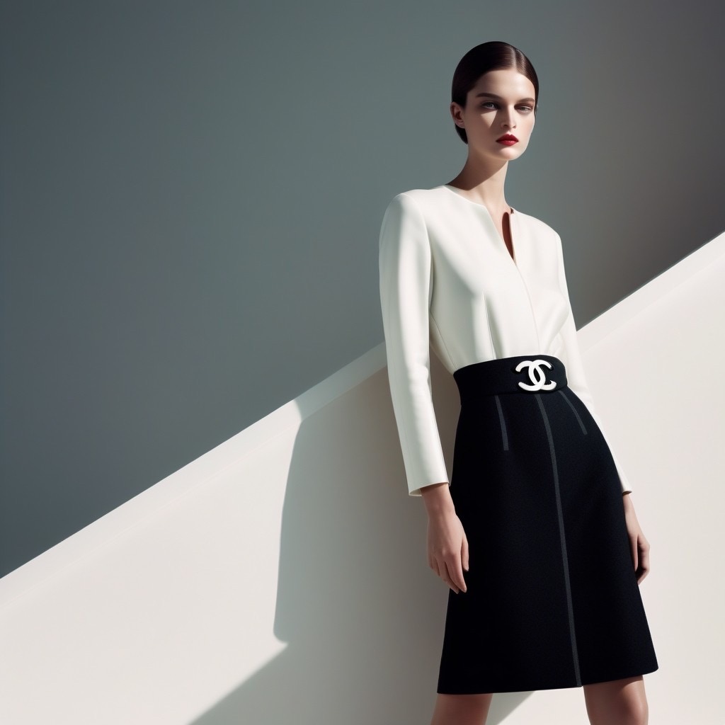 Stable Diffusion prompt: Fashion design work feauturing a (Chanel) female model wearing minimalist women’...