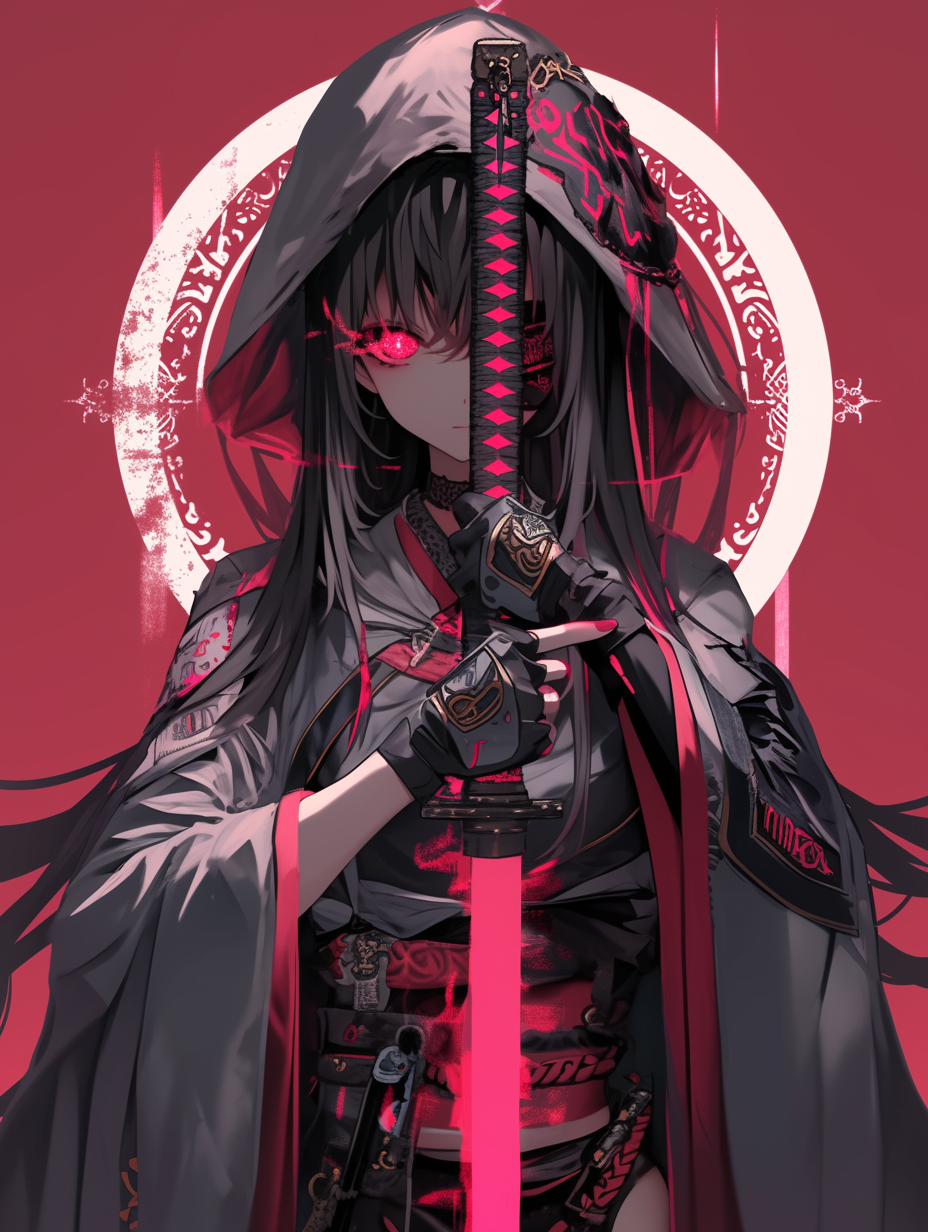 Midjourney prompt: A cute girl in Japanese anime style, wearing black mask and grey hooded cape hol...