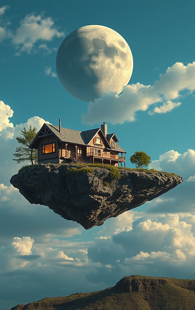FLUX prompt: a house carved out of a large asteroid hovering in the sky::surrealist dreamlike...