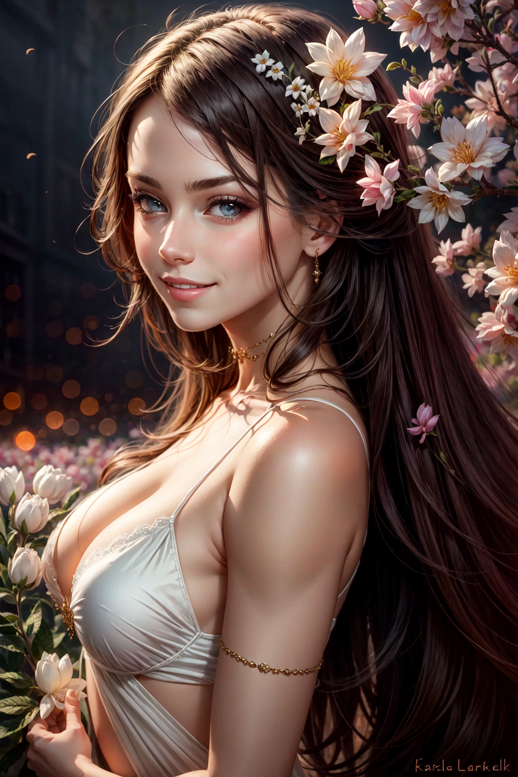 UnstableInkDream prompt: Beautiful Woman with a smile appears from colorful flowers, cinematic lighting, ...