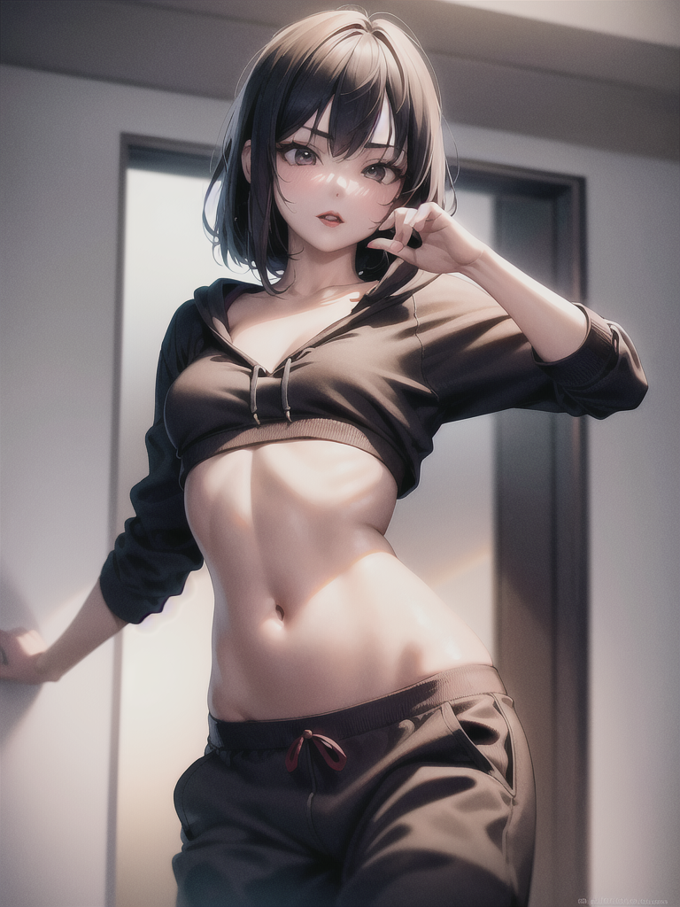 AnythingElse V4 prompt: 1 girl, beautiful Korean girl, (Cute Loose Bob hair), (wearing a cropped hoodie,...