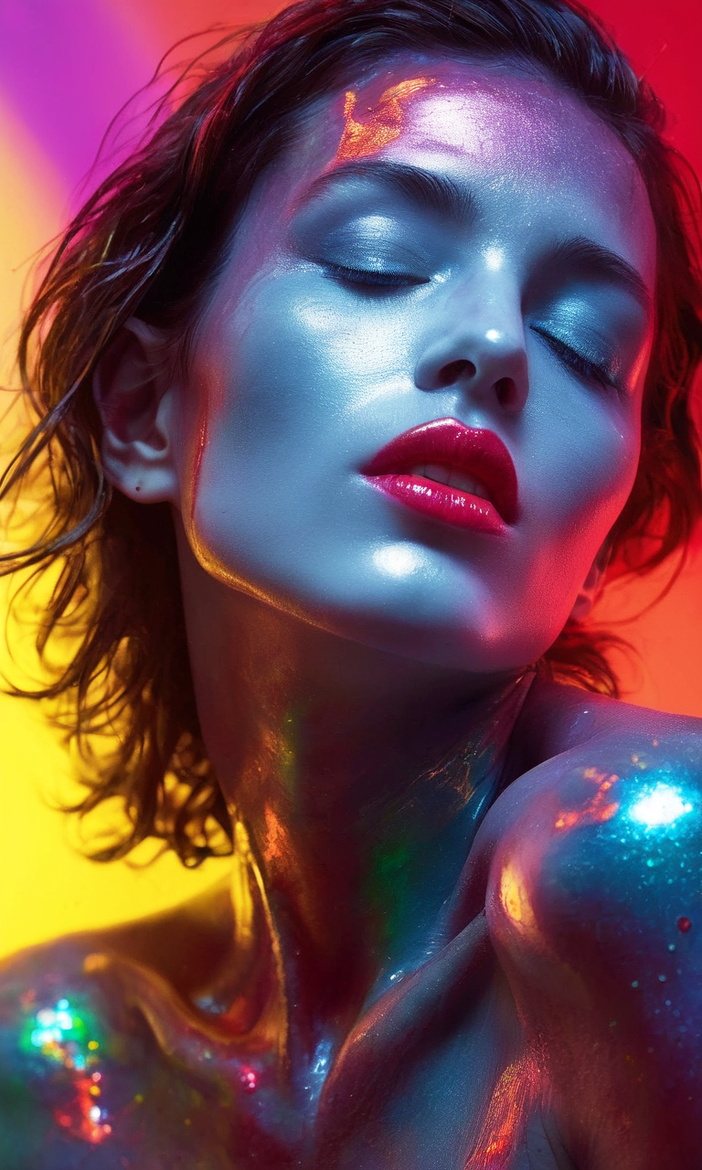Stable Diffusion prompt: fashion editorial, a close up portrait of a dark shorthaired beautiful naked wom...