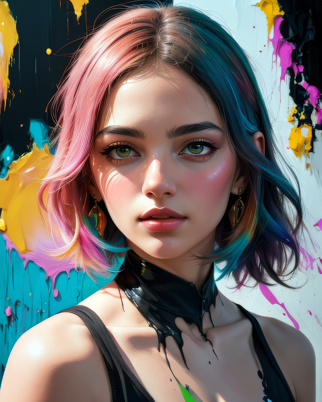Stable Diffusion prompt: A painting on the canvas of a woman in colorful tones, in the style of martin an...