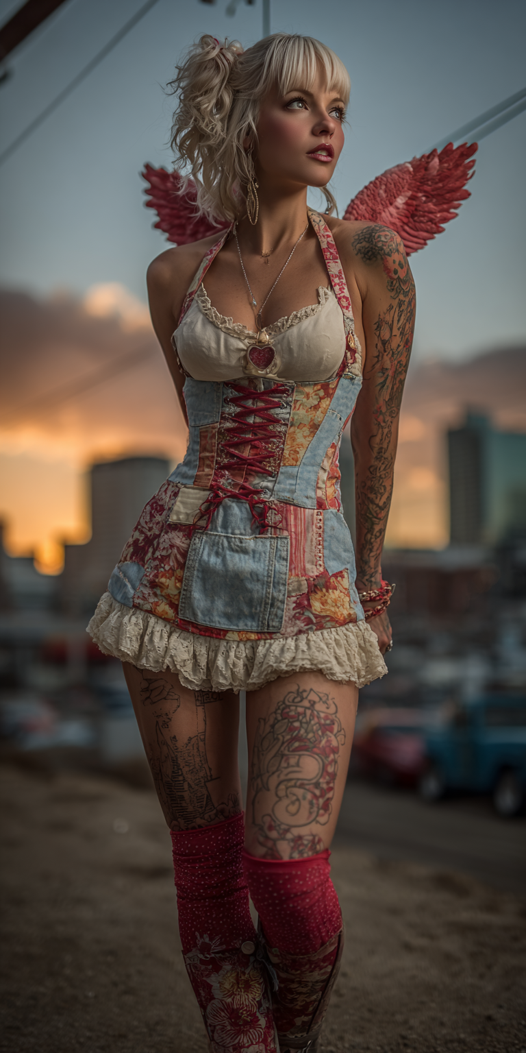 Midjourney prompt: Full-body photograph of an attractive, tattooed angel wearing a patchwork lace-u...