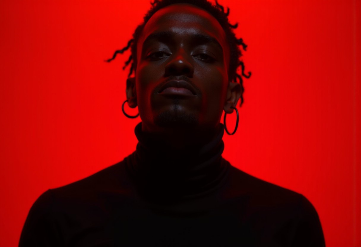 FLUX prompt: shadowed model against a background that shifts from deep black to vibrant red, ...