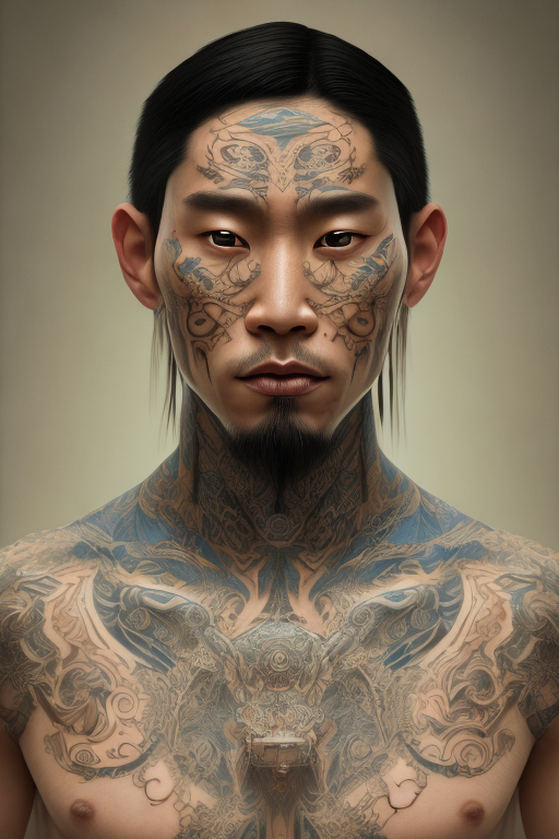 Openjourney prompt: hyper realistic photograph, portrait of a tattooed asien indigenous man with BLU...