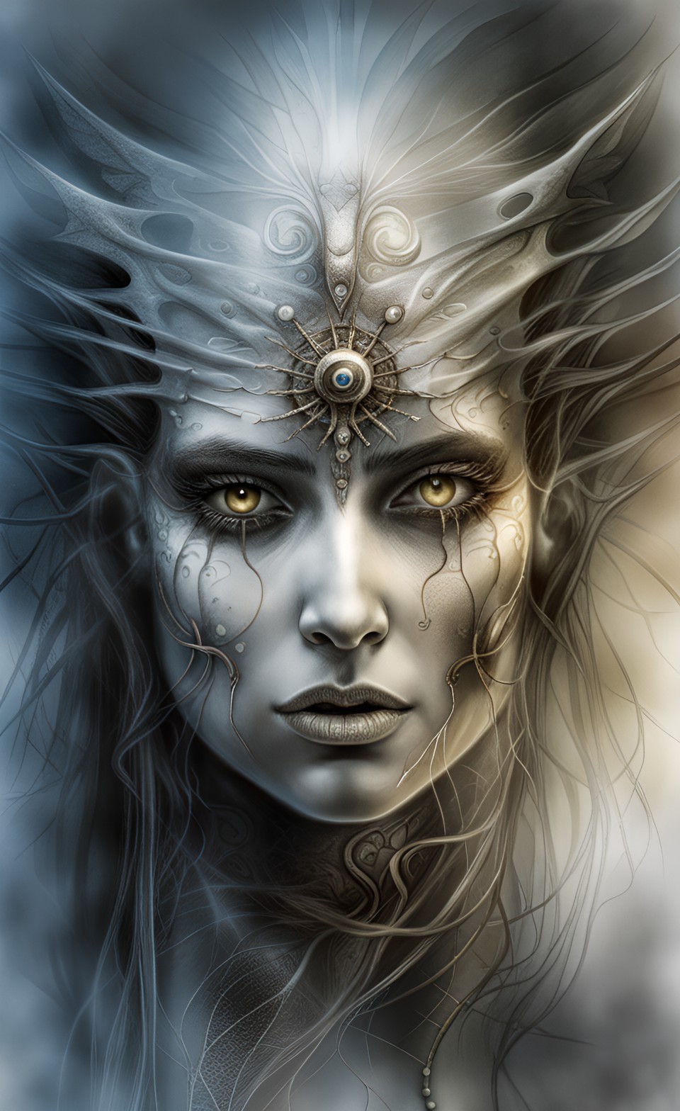 Stable Diffusion prompt: ((a portrait)) in the (fantasy style of luis royo and H.R Giger)), of an ancient...