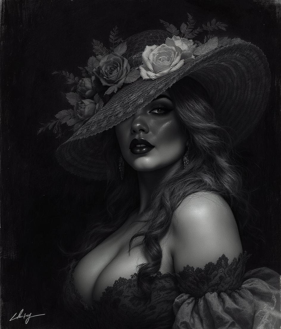 FLUX prompt: Detailed dramatic black and white charcoal drawing of a mysterious person in an ...
