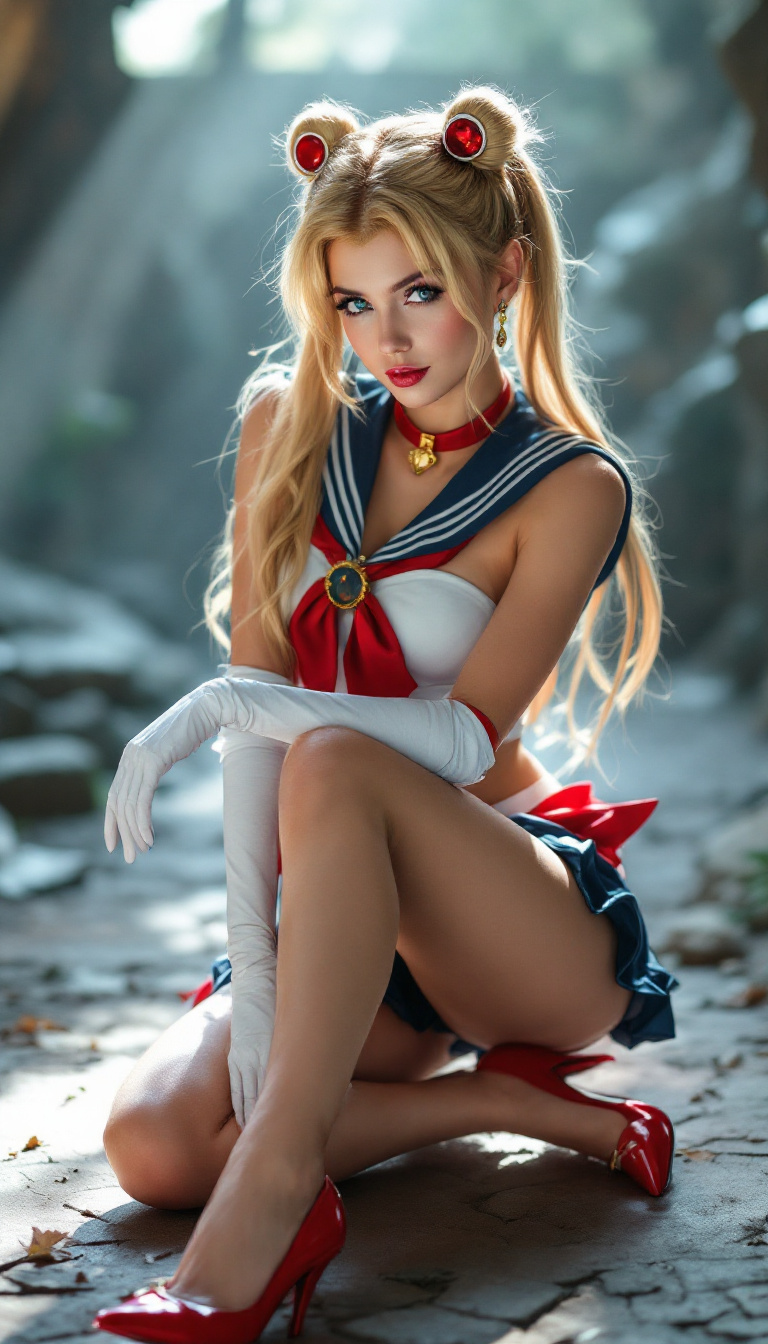 FLUX prompt: cute european woman,hot sailormoon cosplay ,posing , epic action scene,real phot...
