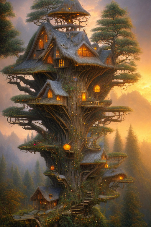 Openjourney prompt: valley, fairytale treehouse village covered,, matte painting, highly detailed, d...