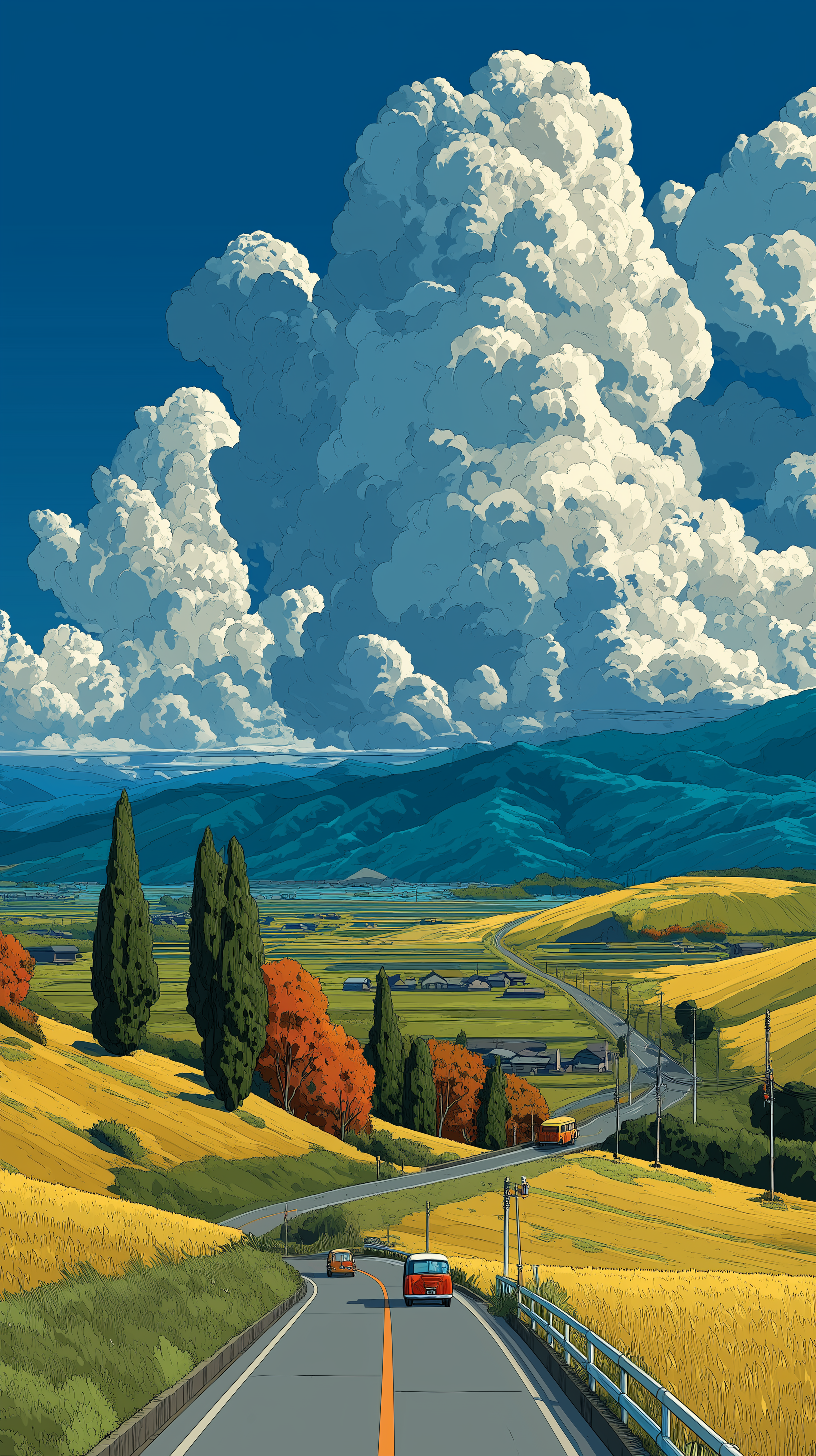Midjourney prompt: iyashikei style countryside art, mountain expressway curving over valley, autumn...