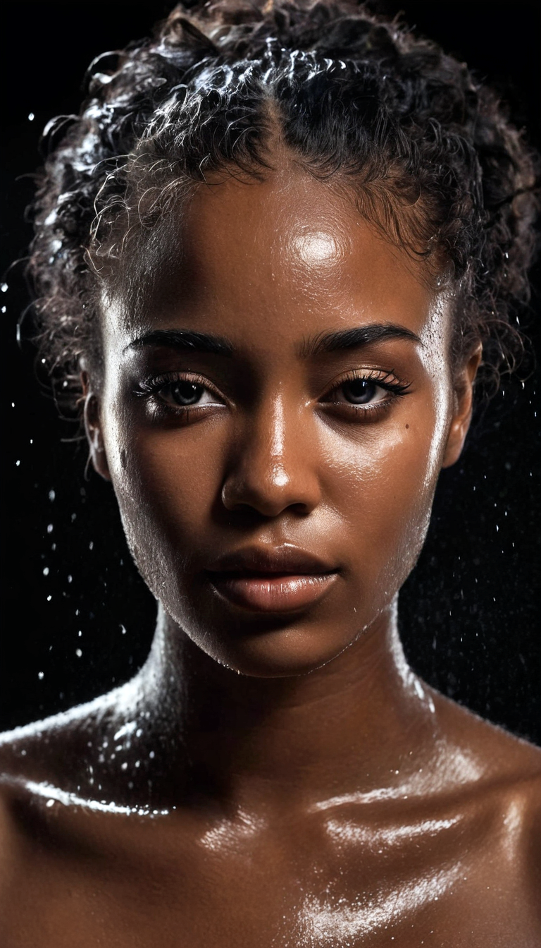 Stable Diffusion prompt: fashion editorial, a portrait of a young beautiful black woman in water drops, w...