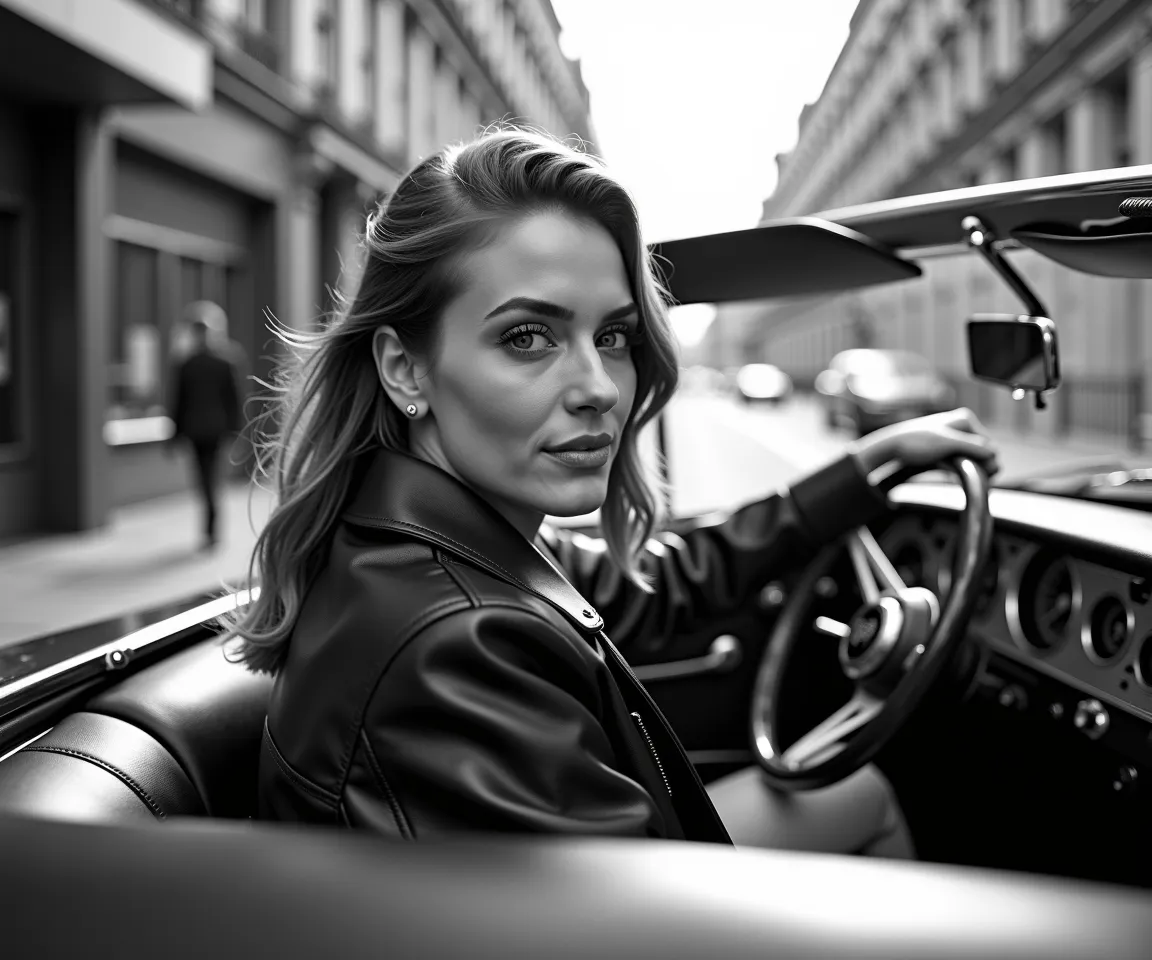 FLUX prompt: Black and white street photography of an attractive woman in leather jacket , si...
