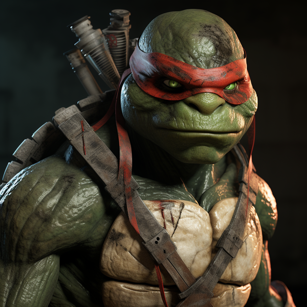 Midjourney prompt: Ninja turtle, Donatello, 8K 3D hyper-realistic hyper-detailed micro-details stru...