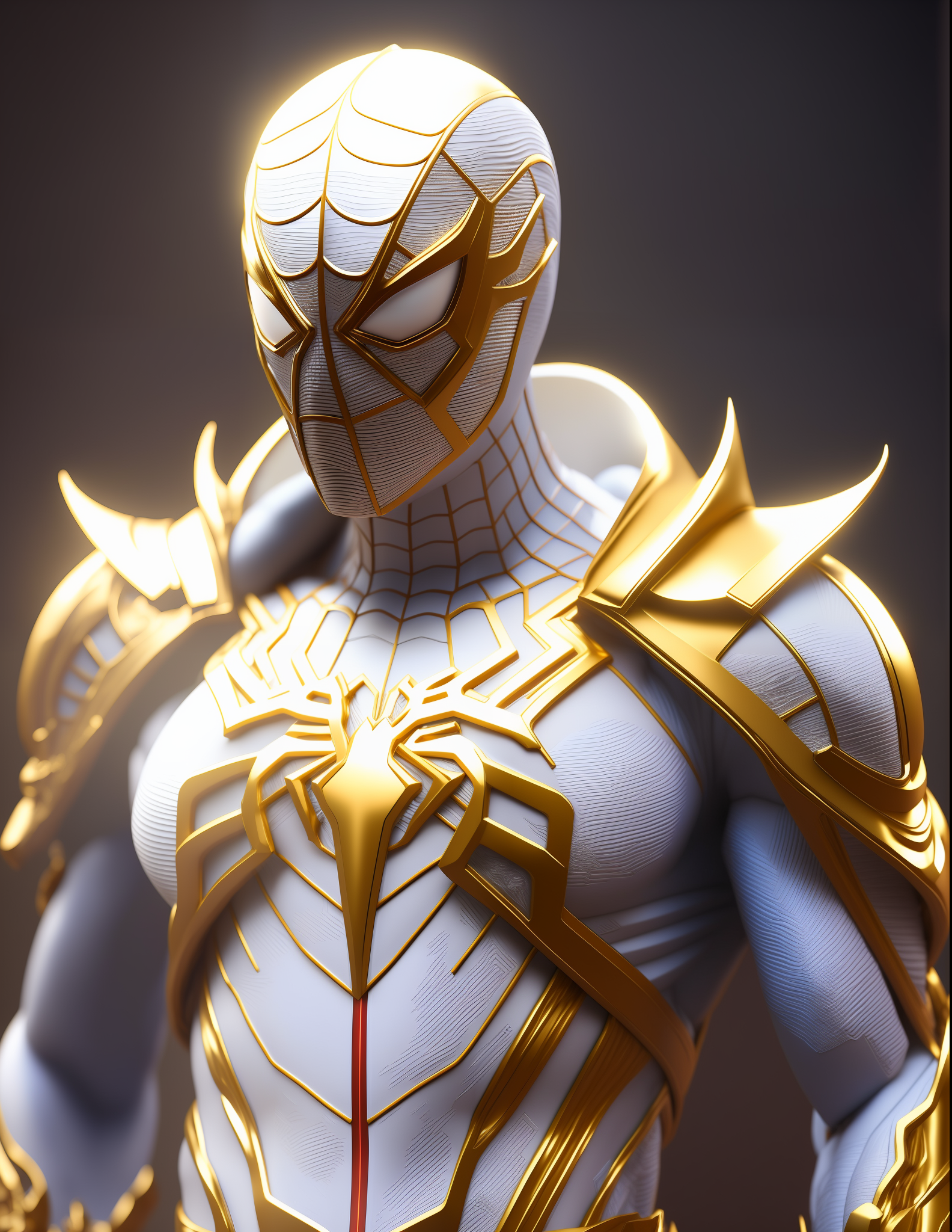 Deliberate prompt: a close up of a statue of a man with a gold and white costume, super detailed re...