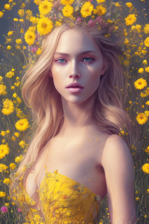 Openjourney prompt: full length portrait of a beautiful blond woman, standing in field full of flowe...