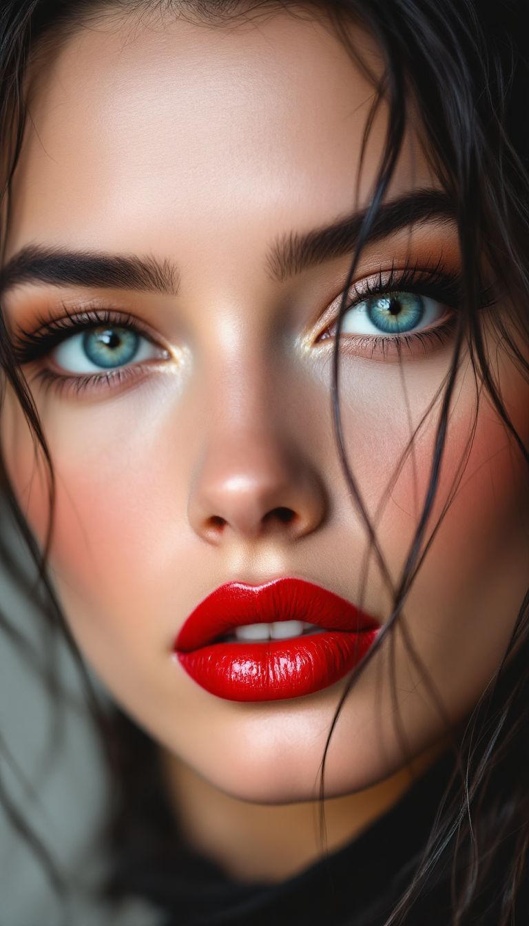 FLUX prompt: Hyper-realistic close-up portrait of a stunning woman with porcelain-smooth skin...