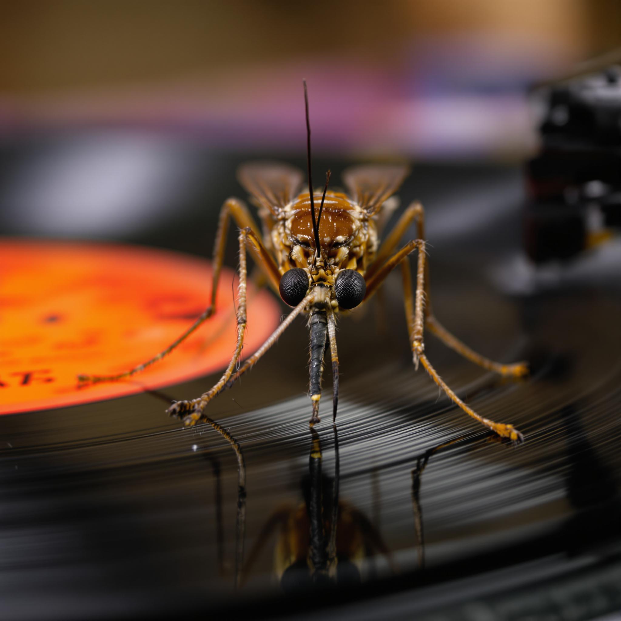 FLUX prompt: Tight close up. Macro. Mosquito with nose/stinger on record that is playing on a...