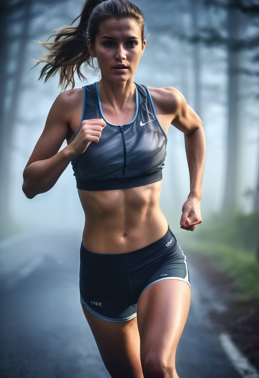 Stable Diffusion prompt: closeup of a woman, running toward the viewer through dense fog early in the mor...