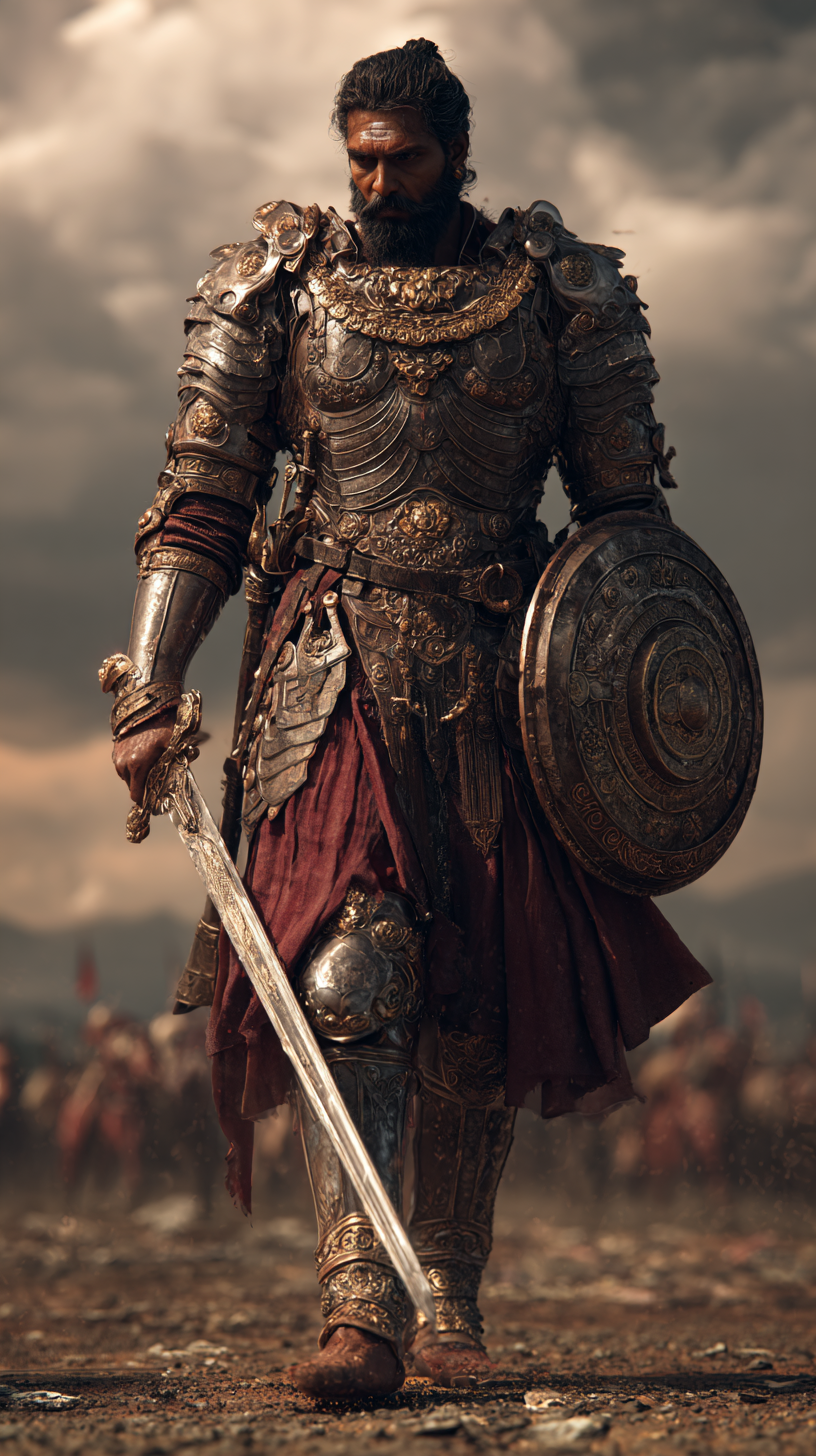Midjourney prompt: indian male warrior from Mahabharatha, wearing etnic armor with a sword, on a ba...