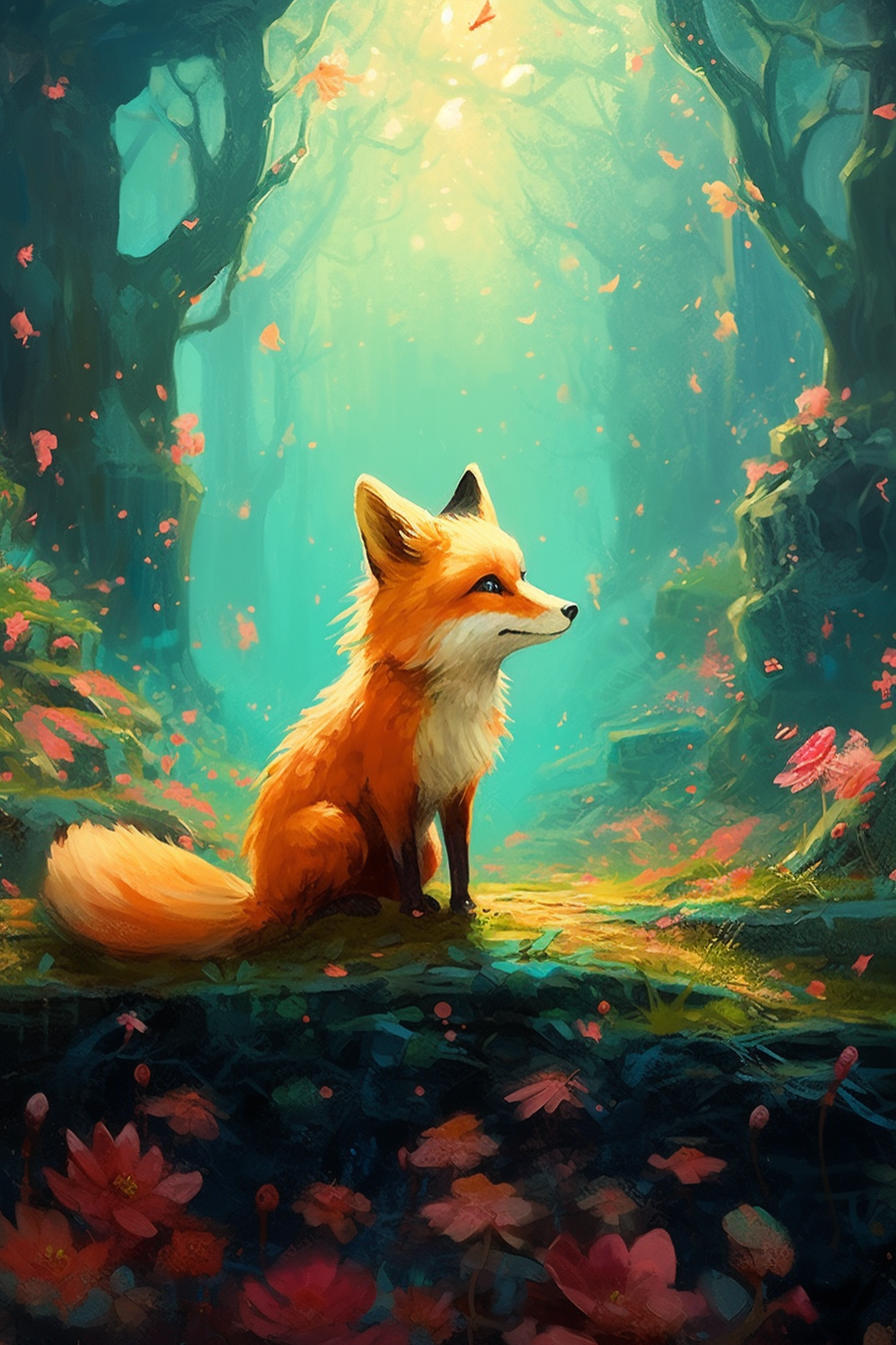 Midjourney prompt: Happy and excited fox, painting a beautiful landscape, with vibrant colors and i...