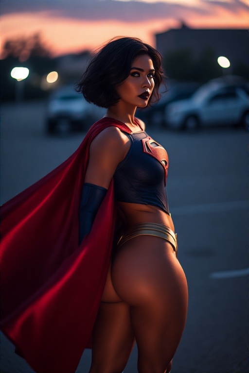 ChatGPT Image prompt: photo of supergirl in a supergirl costume with a red cape on her back, black hai...
