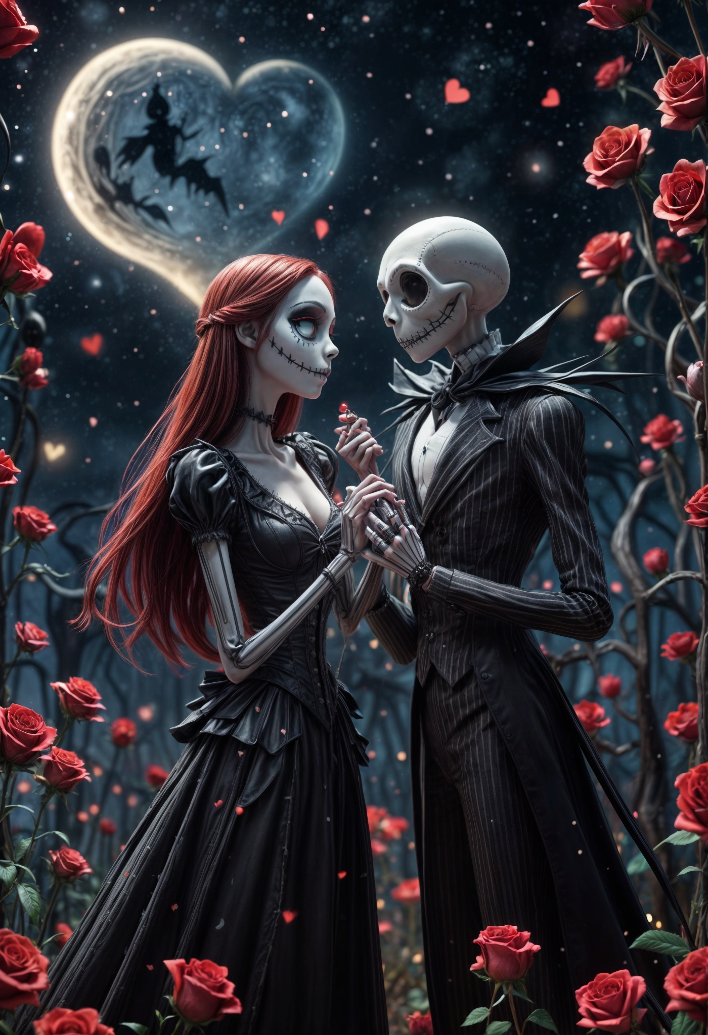 Stable Diffusion prompt: Nightmare before Christmas,love scene,romantic embrace.beautiful