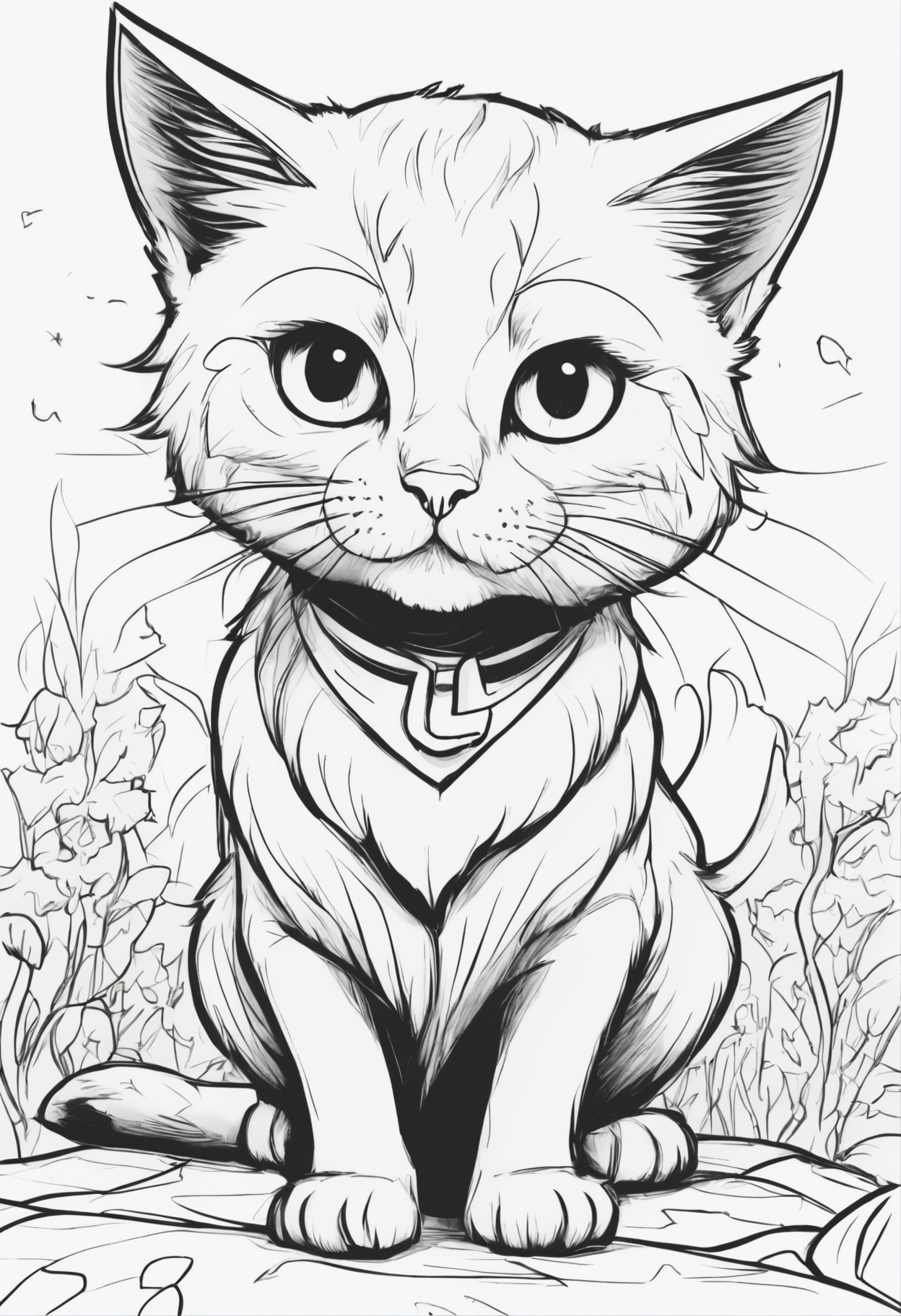DreamShaper prompt: portrait of a Cat head and shoulders, b&w outline art for kids coloring book pag...