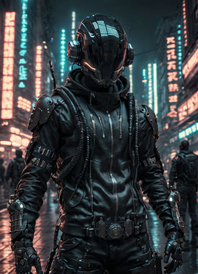 Stable Diffusion prompt: Masterpiece, full-body shot, intricate raw photography. Cyberpunk, realistic, hi...