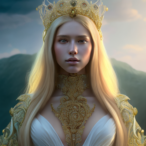 Openjourney prompt: portrait of a humanoid princess with long blonde hair, standing next to a beauti...