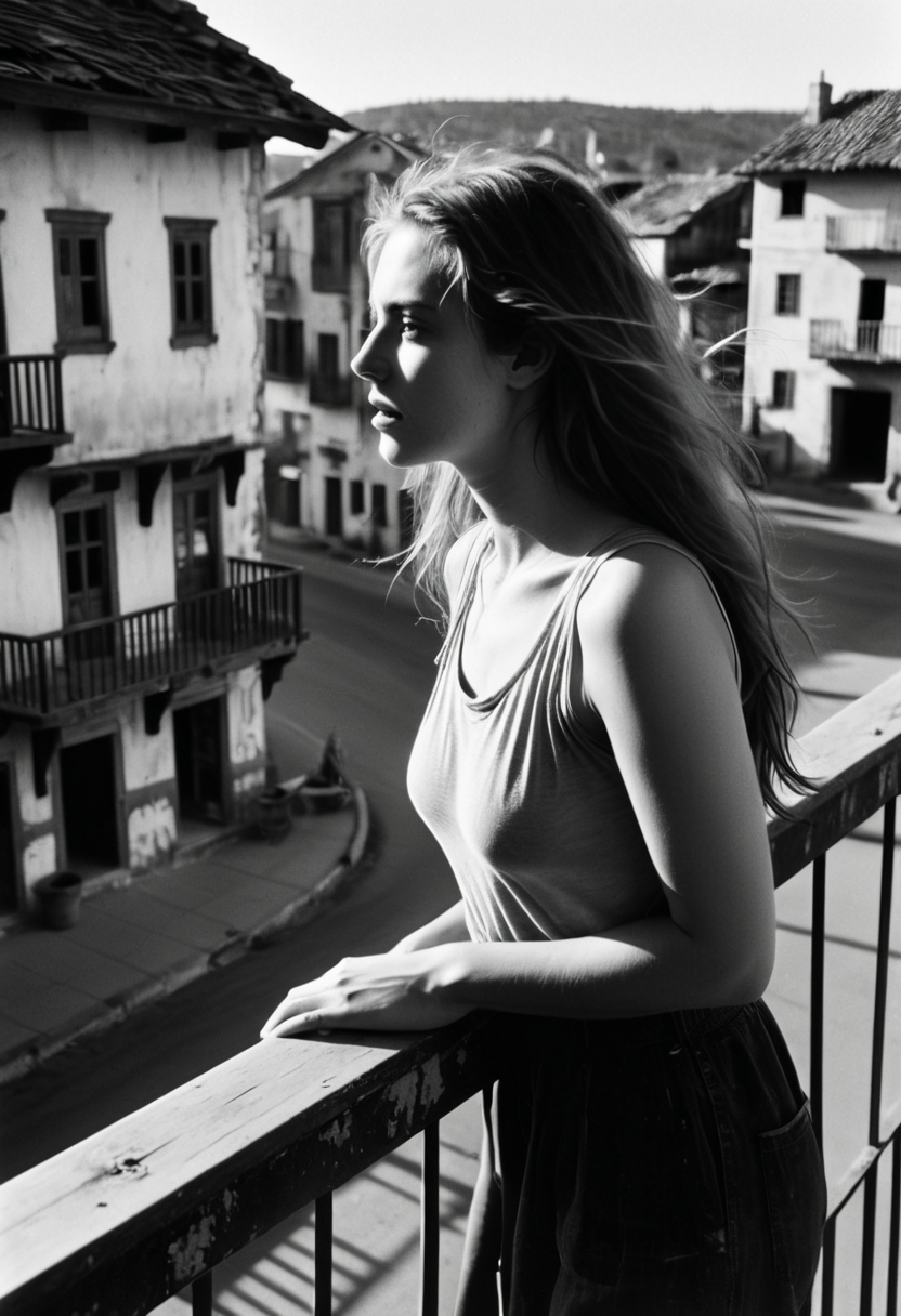Stable Diffusion prompt: This is a candid, black and white analog film photograph, from the side, of a wo...