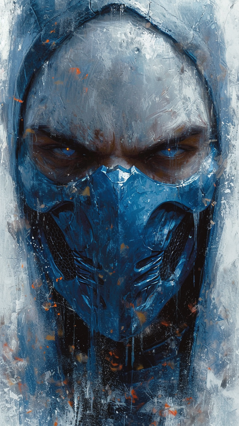 Midjourney prompt: Sub Zero from Mortal Kombat, skull face, cold white dull lifeless eyes, very sca...