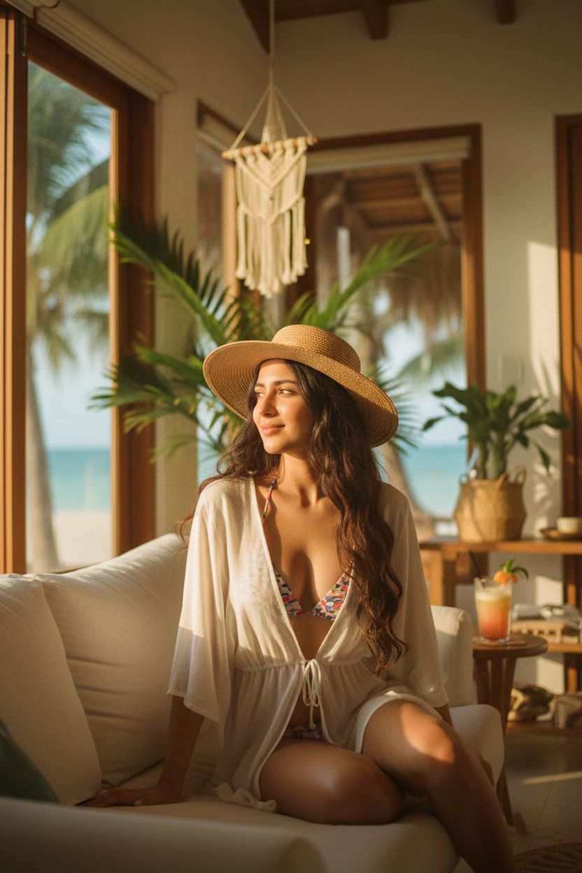 Nano Banana prompt: Hyperrealistic photo, beautiful girl model in beachwear, shot on iphone 14 pro m...