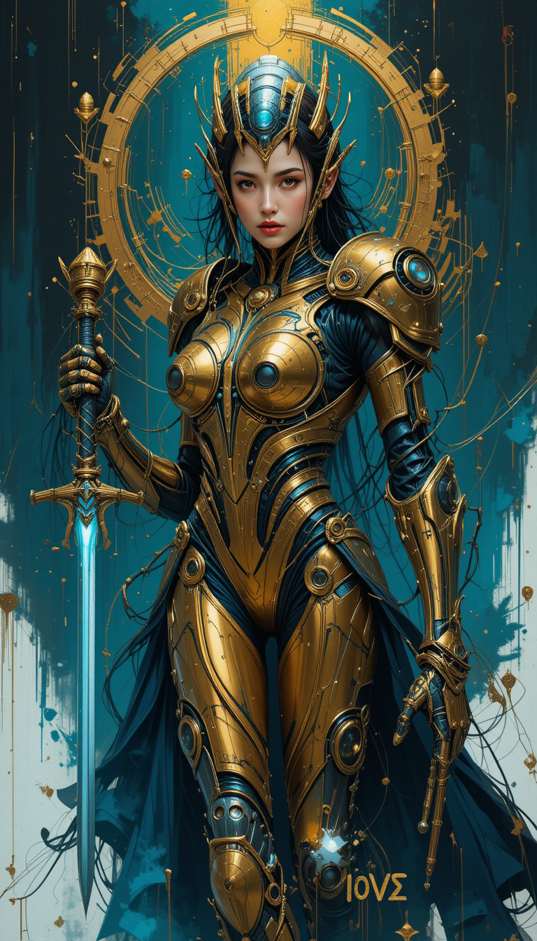FLUX prompt: A futuristic femme fatale, embodying the essence of robotic expressionism, stand...