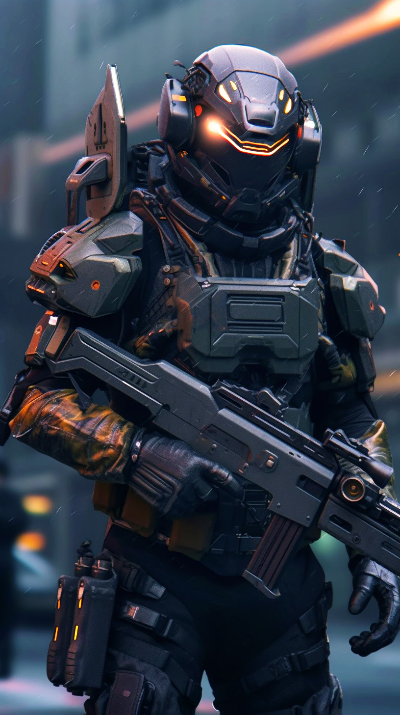 Midjourney prompt: Full battle armored futuristic soldier with advanced weapons and accessories, st...