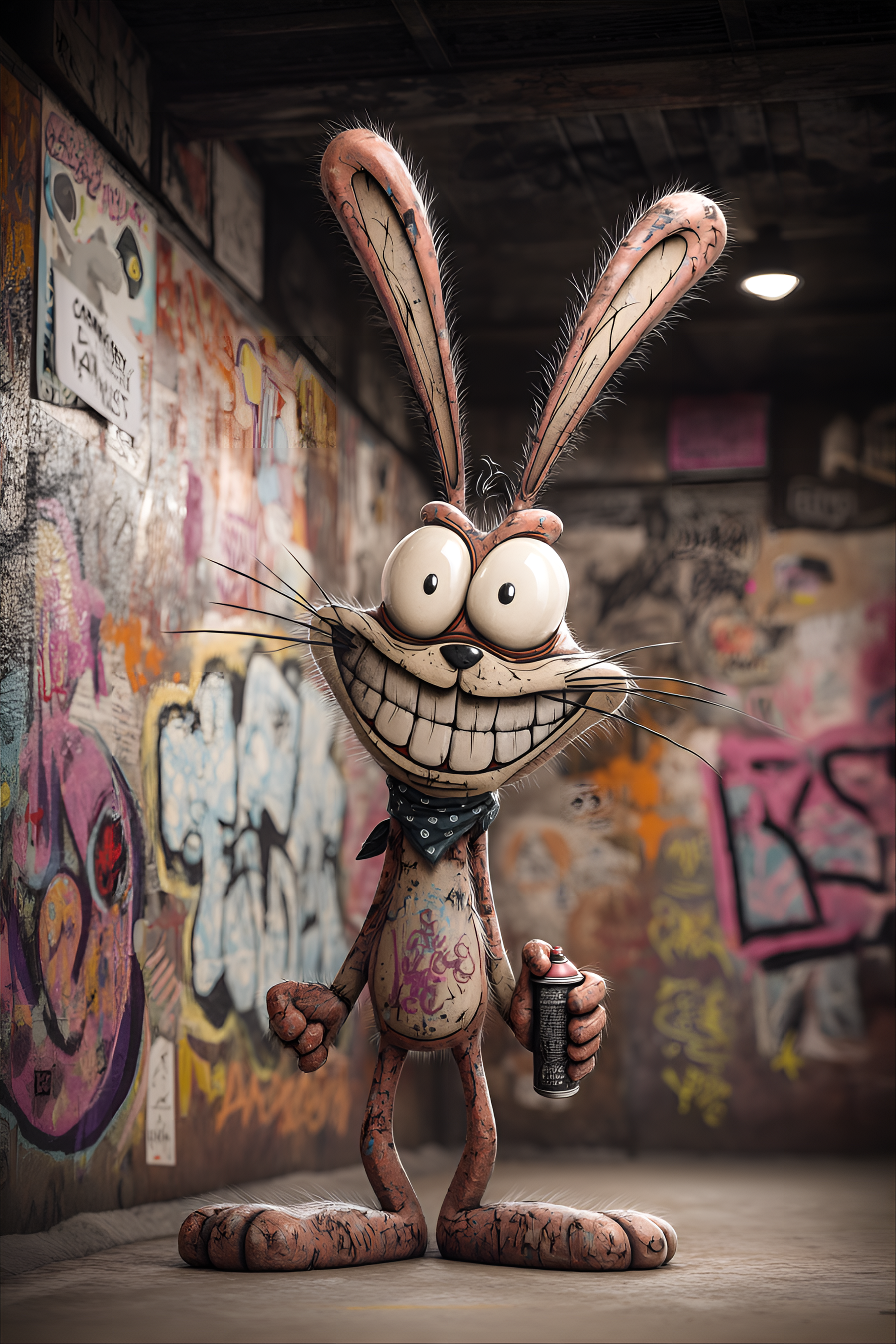 Midjourney prompt: funny caricature, graffiti rabbit, 15 years old, urban, edgy, mischievous, elong...