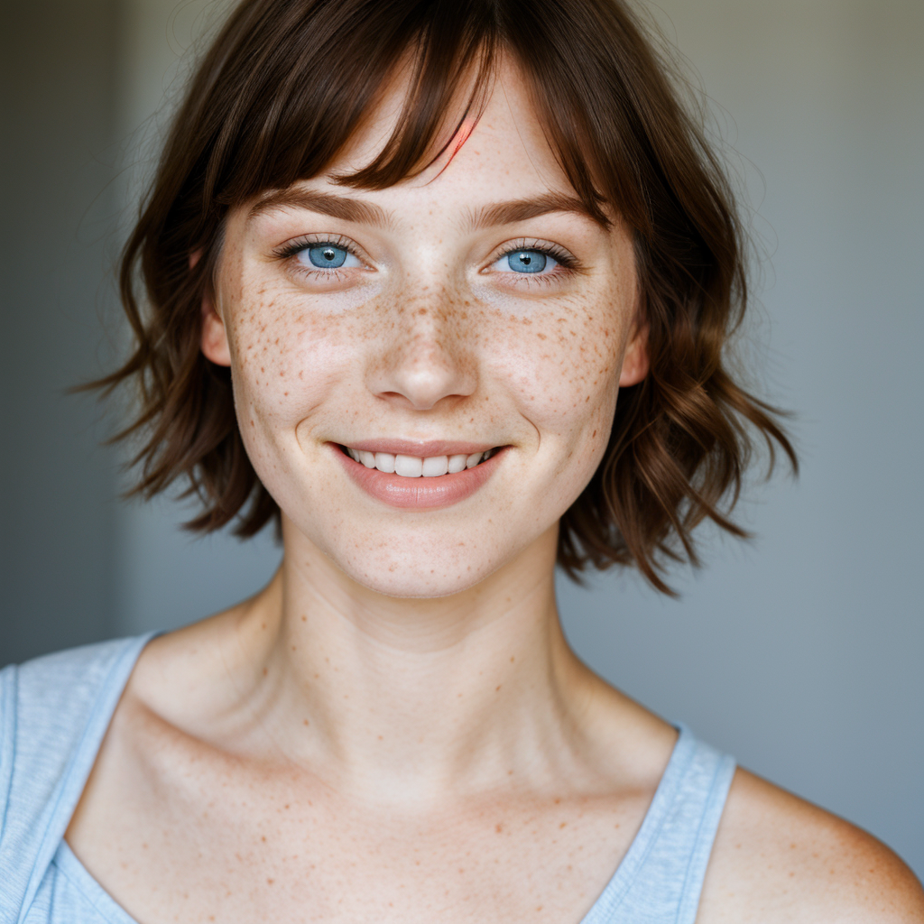Stable Diffusion prompt: beautiful lady, (freckles), big smile, blue eyes, short hair, dark makeup, hyper...