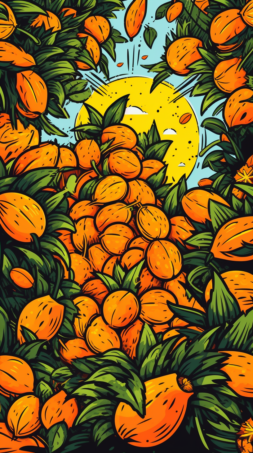 Midjourney prompt: A cute illustration, anime sweet mangoes dancing and playing, tropical-air, insp...