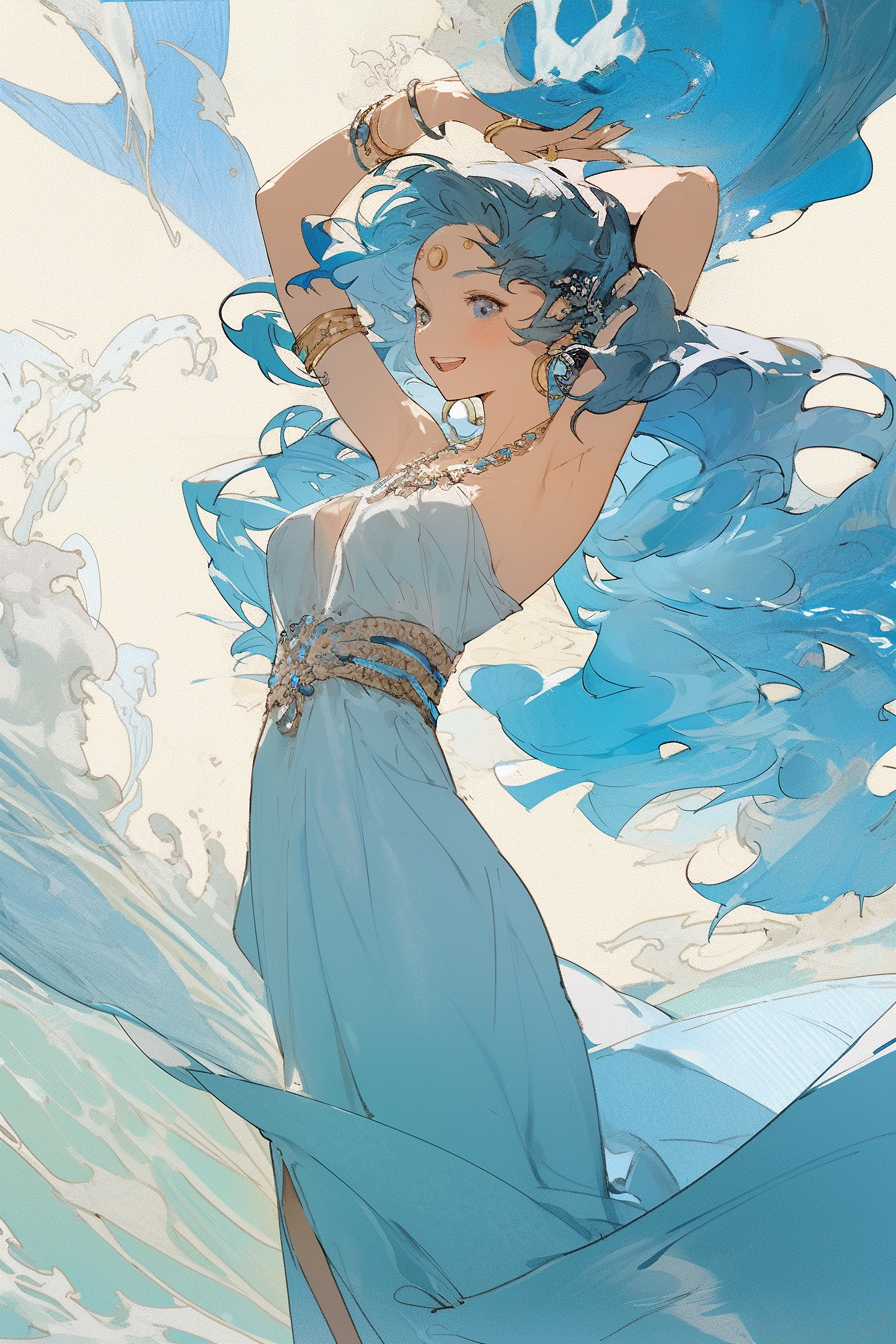 Midjourney prompt: A playful anime dancer from the sparkling ocean with a seashell crown and a dolp...